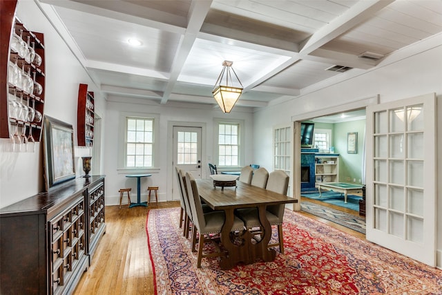 1320 Madeline Pl, Fort Worth, TX 76107 - dining room featuring light wood-style floors, beamed ceiling, coffered ceiling, a fireplace, and recessed lighting