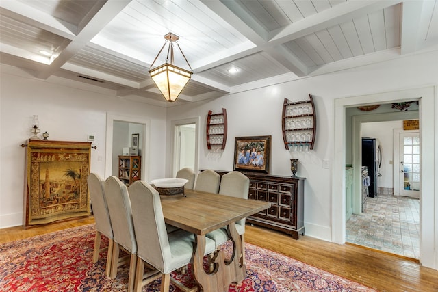 1320 Madeline Pl, Fort Worth, TX 76107 - dining room with coffered ceiling, light wood finished floors, and beamed ceiling