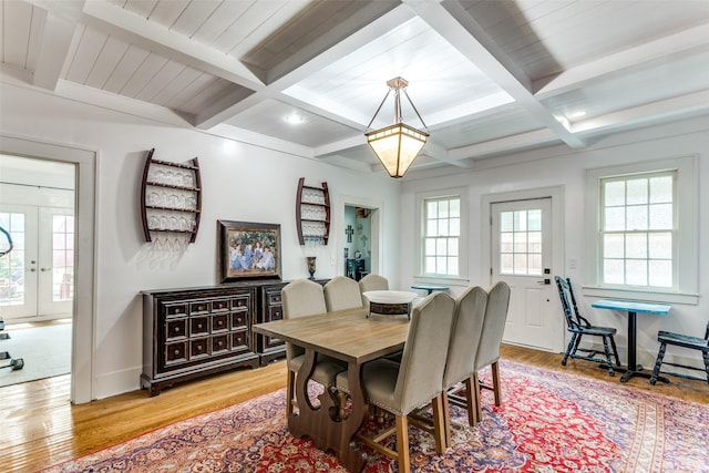 1320 Madeline Pl, Fort Worth, TX 76107 - dining area featuring light wood-type flooring, beam ceiling, and coffered ceiling