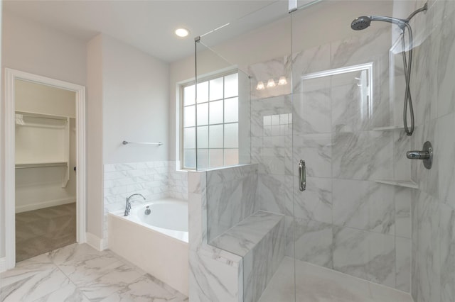 505 Proud Knight Ln, Lewisville, TX 75056 - full bathroom with a bath, a marble finish shower, marble finish floors, a walk in closet, and recessed lighting