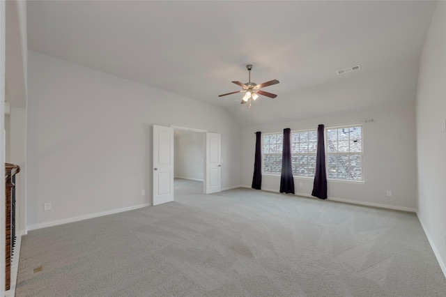 505 Proud Knight Ln, Lewisville, TX 75056 - unfurnished living room featuring ceiling fan, vaulted ceiling, and light carpet