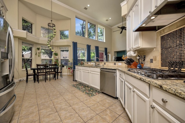 700 Paradise Cv, Shady Shores, TX 76208 - kitchen with stainless steel appliances, under cabinet range hood, a peninsula, a ceiling fan, and ornamental molding