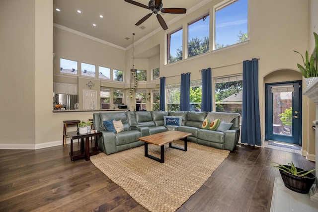 700 Paradise Cv, Shady Shores, TX 76208 - living room with crown molding, ceiling fan, a high ceiling, plenty of natural light, and recessed lighting