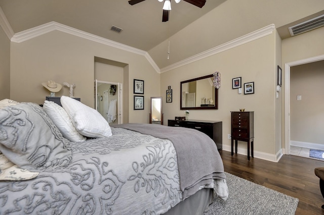 700 Paradise Cv, Shady Shores, TX 76208 - bedroom with lofted ceiling, wood finished floors, ornamental molding, and a ceiling fan