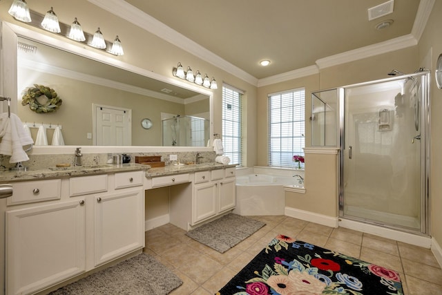 700 Paradise Cv, Shady Shores, TX 76208 - full bath with a stall shower, a garden tub, double vanity, tile patterned flooring, and crown molding