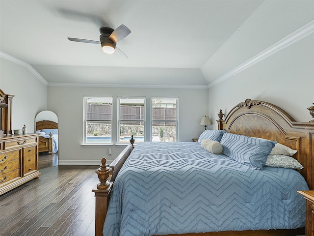 505 Peterhouse Dr, Mckinney, TX 75071 - bedroom with dark wood-style flooring, lofted ceiling, ceiling fan, and ornamental molding