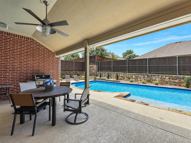 505 Peterhouse Dr, Mckinney, TX 75071 - view of swimming pool featuring grilling area, a fenced backyard, a patio, and a ceiling fan