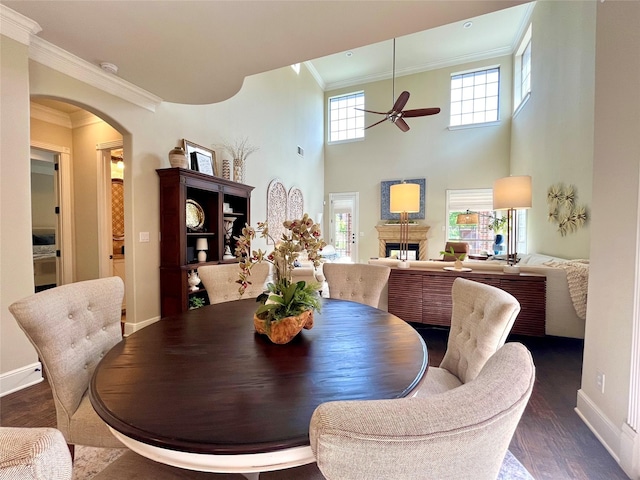 4716 Eva Pl, Plano, TX 75093 - dining area with a ceiling fan, crown molding, arched walkways, wood finished floors, and a fireplace