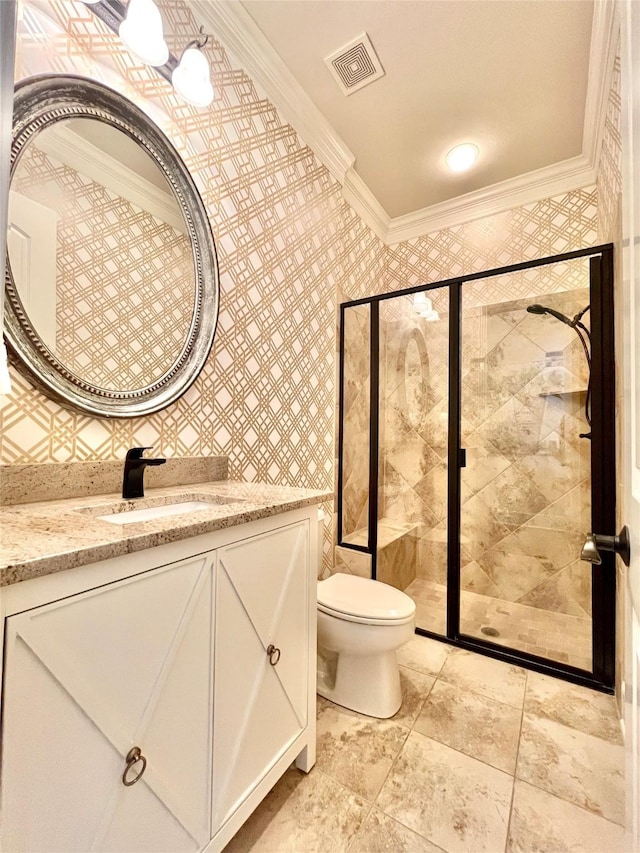 4716 Eva Pl, Plano, TX 75093 - bathroom featuring crown molding, vanity, a shower stall, and wallpapered walls