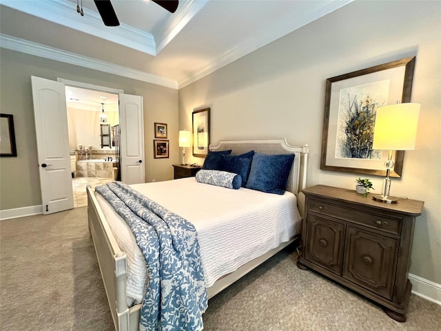4716 Eva Pl, Plano, TX 75093 - bedroom with light carpet, a tray ceiling, ornamental molding, ensuite bathroom, and ceiling fan