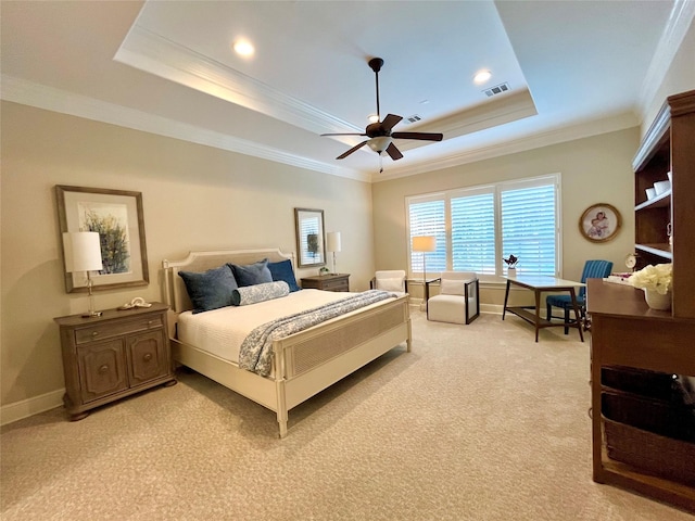 4716 Eva Pl, Plano, TX 75093 - bedroom featuring a tray ceiling, crown molding, light carpet, recessed lighting, and a ceiling fan