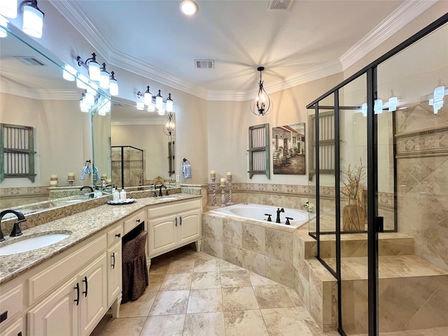 4716 Eva Pl, Plano, TX 75093 - full bathroom featuring a bath, double vanity, a stall shower, and ornamental molding