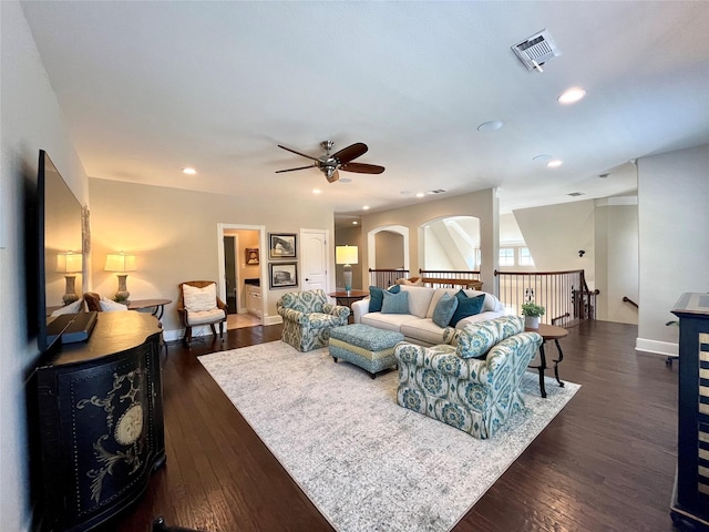 4716 Eva Pl, Plano, TX 75093 - living area featuring ceiling fan, dark wood-style floors, and recessed lighting