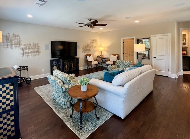 4716 Eva Pl, Plano, TX 75093 - living room with a ceiling fan, dark wood finished floors, and recessed lighting