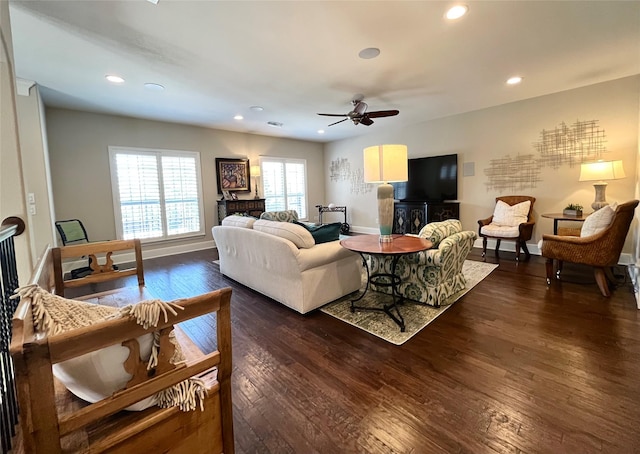 4716 Eva Pl, Plano, TX 75093 - living room with a ceiling fan, dark wood-type flooring, and recessed lighting