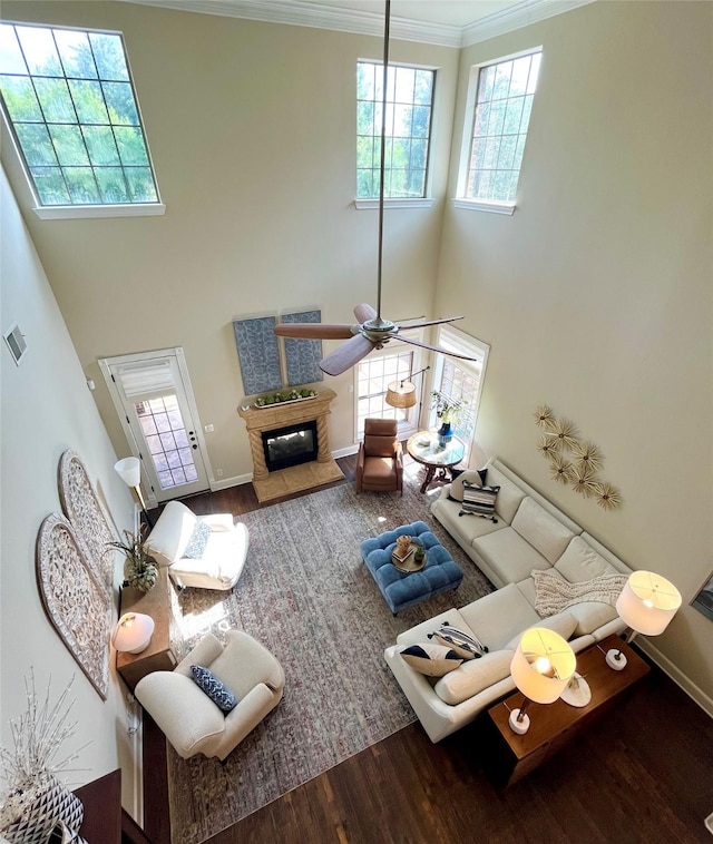 4716 Eva Pl, Plano, TX 75093 - living area with wood finished floors, a high ceiling, ornamental molding, a premium fireplace, and a ceiling fan