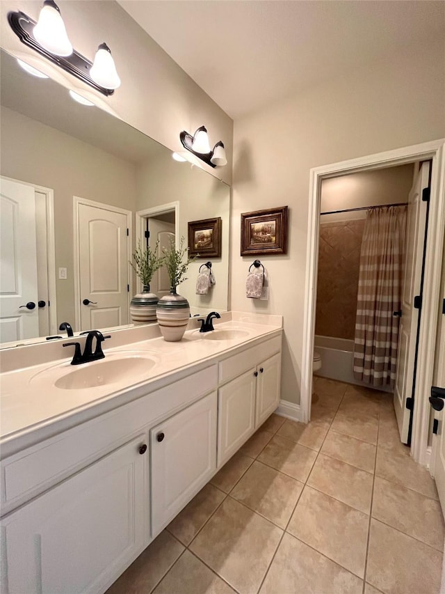 4716 Eva Pl, Plano, TX 75093 - full bath with double vanity, tile patterned floors, and shower / bath combo with shower curtain