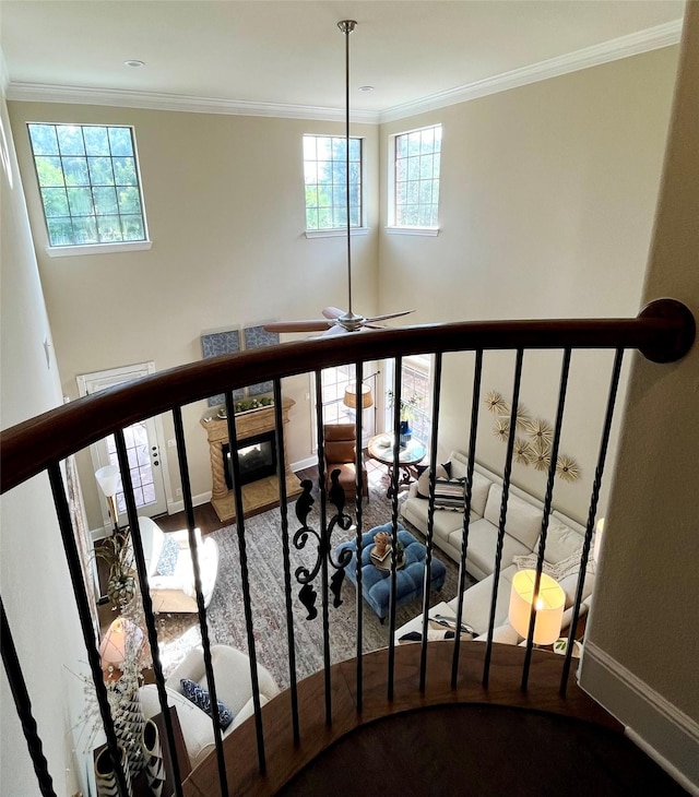 4716 Eva Pl, Plano, TX 75093 - staircase featuring wood finished floors, ornamental molding, and ceiling fan