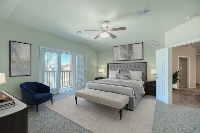 9207 Lake Pointe Dr, Temple, TX 76502 - bedroom featuring light colored carpet, access to outside, ceiling fan, and vaulted ceiling