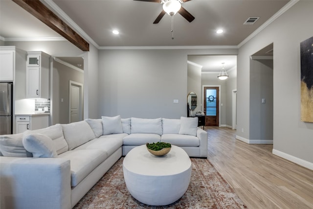 1301 Wilderness Ln, Forney, TX 75126 - living area featuring light wood finished floors, crown molding, recessed lighting, and ceiling fan