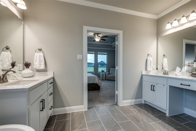 1301 Wilderness Ln, Forney, TX 75126 - bathroom featuring ornamental molding, two vanities, a ceiling fan, ensuite bathroom, and marble finish floors
