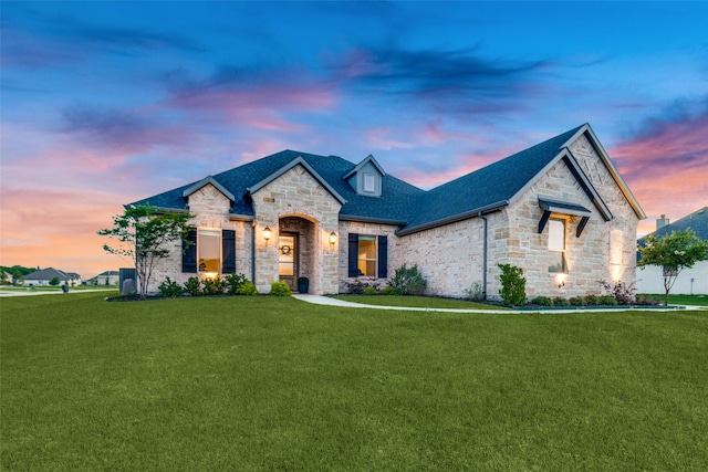 1301 Wilderness Ln, Forney, TX 75126 - french country home with stone siding, a yard, and a shingled roof