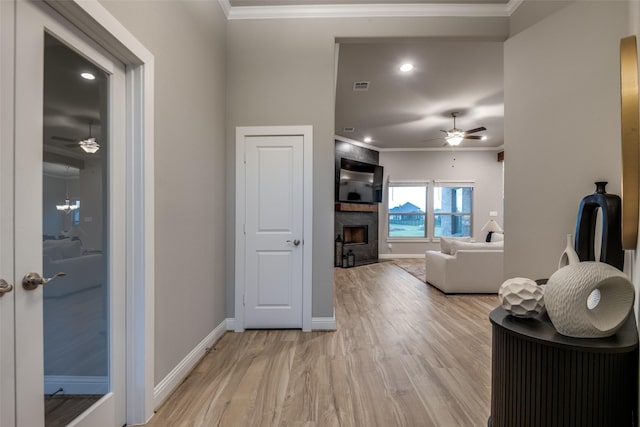 1301 Wilderness Ln, Forney, TX 75126 - corridor with ornamental molding, light wood-type flooring, and recessed lighting