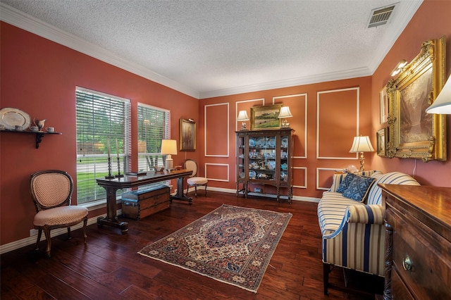 901 Brown Trl, Coppell, TX 75019 - office with a textured ceiling, ornamental molding, and wood-type flooring