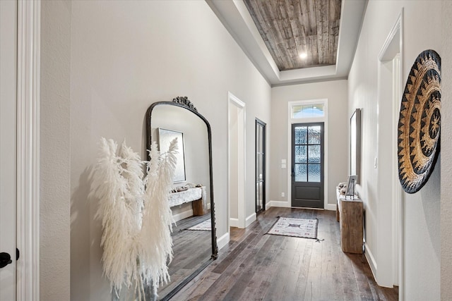 15111 Spider Lily Rd, Frisco, TX 75035 - entryway featuring dark wood-style flooring and a tray ceiling