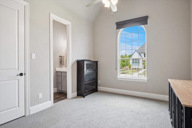 15111 Spider Lily Rd, Frisco, TX 75035 - unfurnished bedroom with carpet flooring, vaulted ceiling, ensuite bathroom, and a ceiling fan