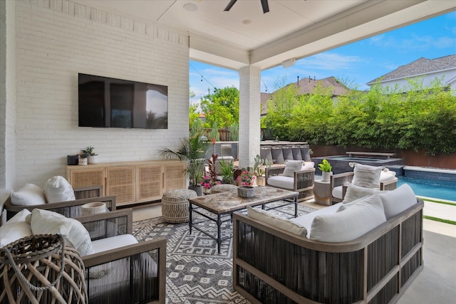 15111 Spider Lily Rd, Frisco, TX 75035 - fenced backyard featuring an outdoor hot tub, an outdoor living space, a ceiling fan, and a patio area