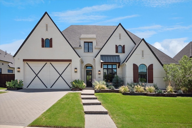 15111 Spider Lily Rd, Frisco, TX 75035 - view of front of property featuring a front yard, roof with shingles, decorative driveway, a standing seam roof, and an attached garage
