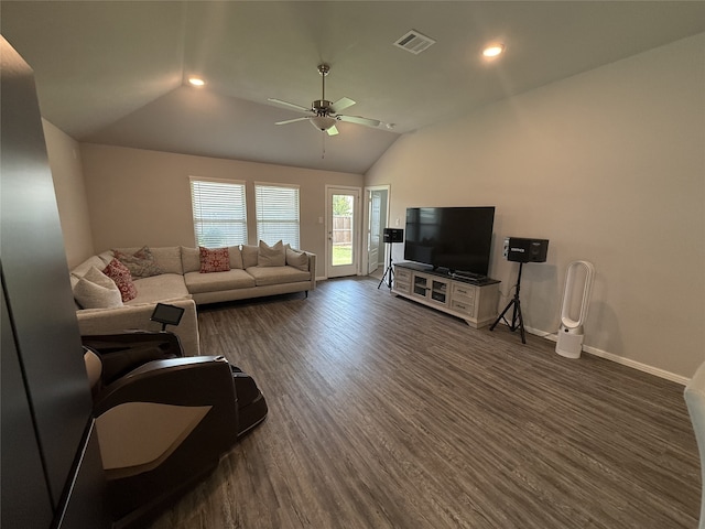 8932 Lantana Meadow Dr, Fort Worth, TX 76131 - living area featuring a ceiling fan, dark wood-style flooring, lofted ceiling, and recessed lighting