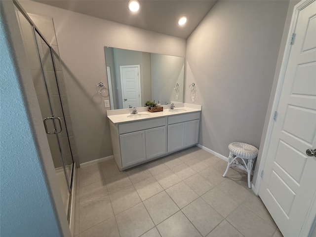 8932 Lantana Meadow Dr, Fort Worth, TX 76131 - full bath featuring double vanity, a stall shower, tile patterned floors, and recessed lighting