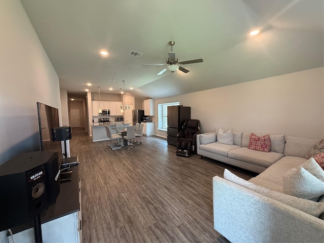 8932 Lantana Meadow Dr, Fort Worth, TX 76131 - living area with dark wood-style floors, ceiling fan, and recessed lighting