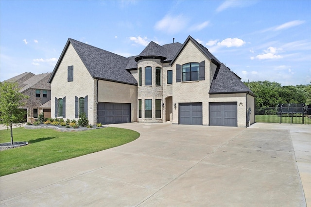 4618 Sky Harbor Dr, Rockwall, TX 75087 - french country home with concrete driveway, brick siding, a shingled roof, and a garage