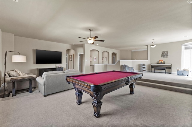 4618 Sky Harbor Dr, Rockwall, TX 75087 - game room with light colored carpet, ceiling fan, pool table, and arched walkways