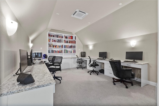 4618 Sky Harbor Dr, Rockwall, TX 75087 - office with lofted ceiling, light carpet, and built in features