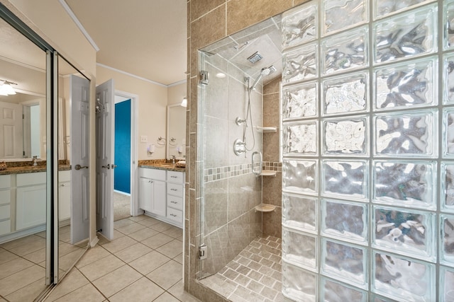 4147 Woodside Knl, Grapevine, TX 76051 - full bath with vanity, a shower stall, tile patterned floors, and ornamental molding