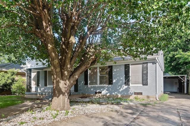 10230 Kilkenny Pl, Dallas, TX 75228 - view of property hidden behind natural elements featuring brick siding, concrete driveway, an outbuilding, a carport, and crawl space