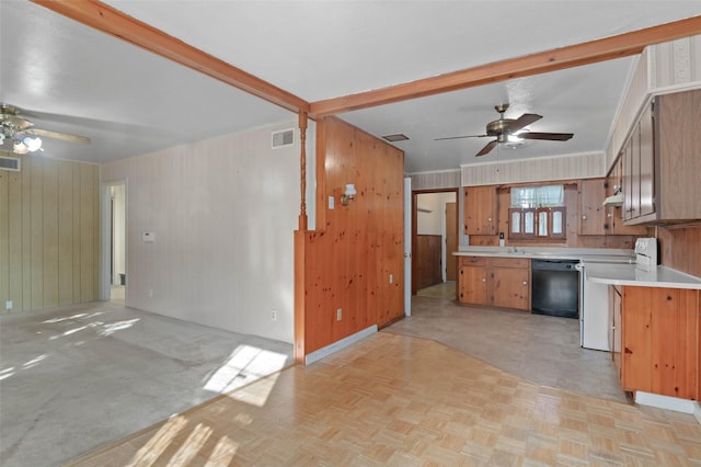 10230 Kilkenny Pl, Dallas, TX 75228 - kitchen featuring a ceiling fan, black dishwasher, electric stove, wood walls, and open floor plan
