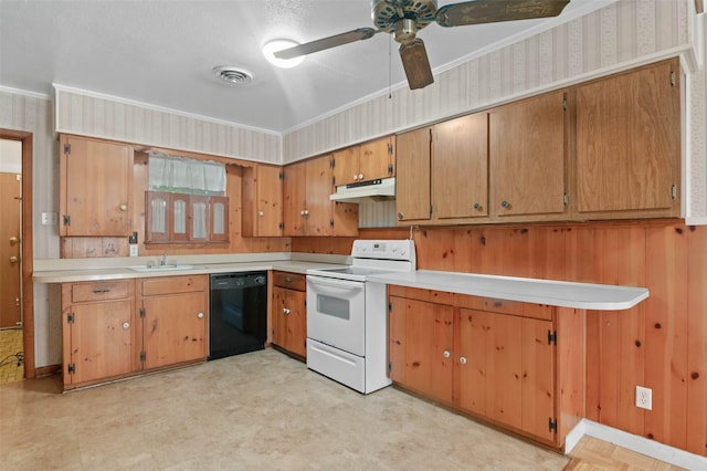 10230 Kilkenny Pl, Dallas, TX 75228 - kitchen with black dishwasher, white electric range oven, under cabinet range hood, light flooring, and wallpapered walls