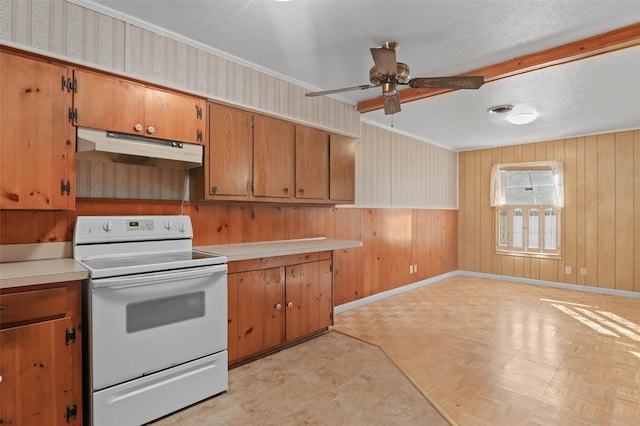 10230 Kilkenny Pl, Dallas, TX 75228 - kitchen featuring electric stove, under cabinet range hood, brown cabinets, light flooring, and light countertops
