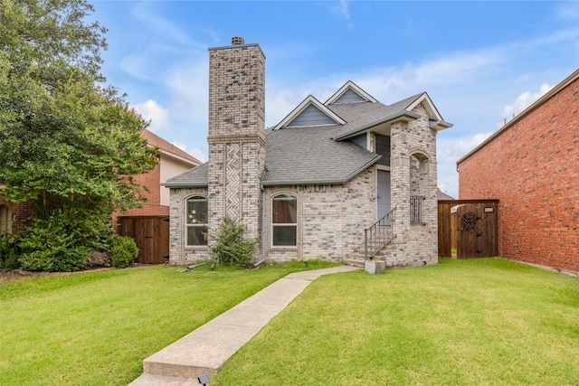 7909 Quest Ct, Frisco, TX 75035 - tudor house with a chimney, a shingled roof, brick siding, and a gate