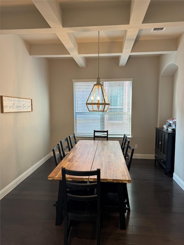 3323 Royal Ridge Dr, Rockwall, TX 75087 - dining space featuring coffered ceiling, dark wood-style floors, beamed ceiling, and a chandelier