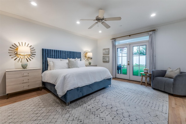 7402 Centenary Ave, Dallas, TX 75225 - bedroom with french doors, access to exterior, crown molding, wood finished floors, and recessed lighting
