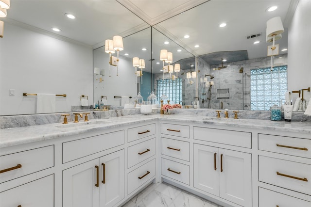 7402 Centenary Ave, Dallas, TX 75225 - bathroom with a marble finish shower, double vanity, recessed lighting, marble look tile flooring, and crown molding