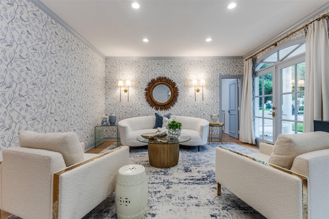 7402 Centenary Ave, Dallas, TX 75225 - living area with crown molding, wallpapered walls, recessed lighting, and wood finished floors