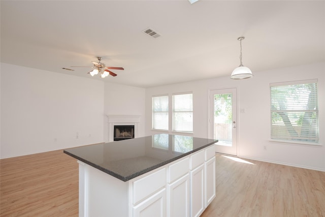 2912 Lighthouse Dr, Denton, TX 76210 - kitchen with light wood-type flooring, open floor plan, dark countertops, a fireplace, and white cabinetry