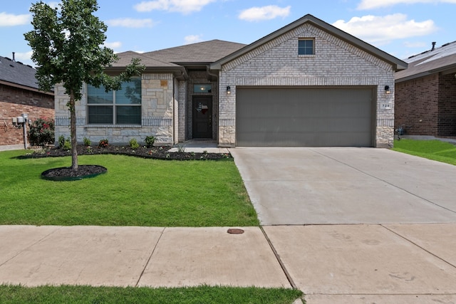 724 Cromane Rd, Fort Worth, TX 76052 - ranch-style home with stone siding, a front yard, an attached garage, concrete driveway, and a shingled roof